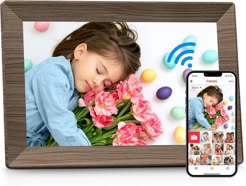 BIGASUO إطار صورة رقمي Frameo 10.1" مع ذاكرة 32 جيجابايت خشبي واي فاي إطار صور إلكتروني 1280 x 800 شاشة تعمل باللمس IPS دوران تلقائي عرض شرائح قابل للتعليق على الحائط مشاركة الصور/الفيديو عن بُعد في أي مكان - Image 1